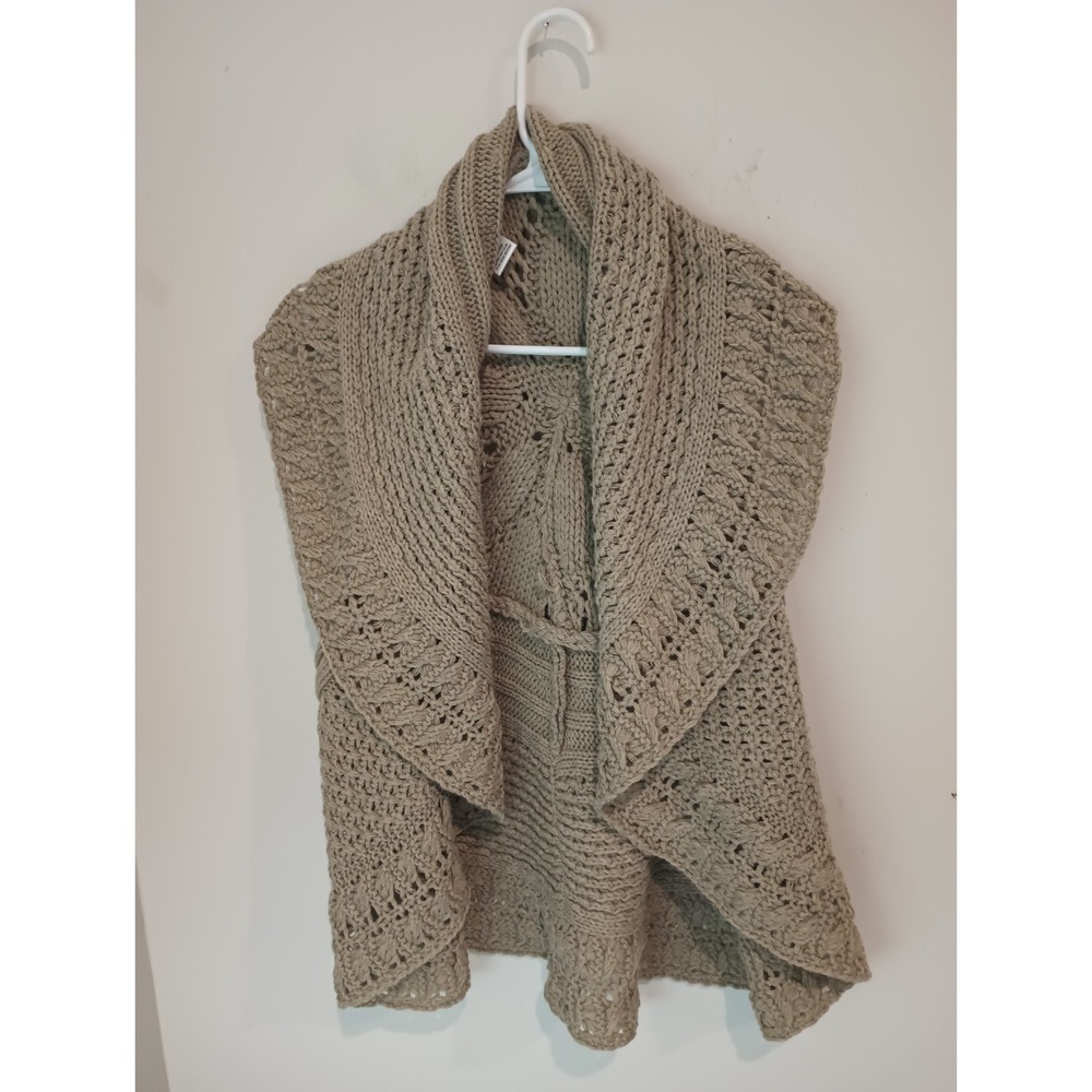 Womens Chunky Cable Knit Vest Sweater Shawl Collar Open Front Drape Beige Tan OS